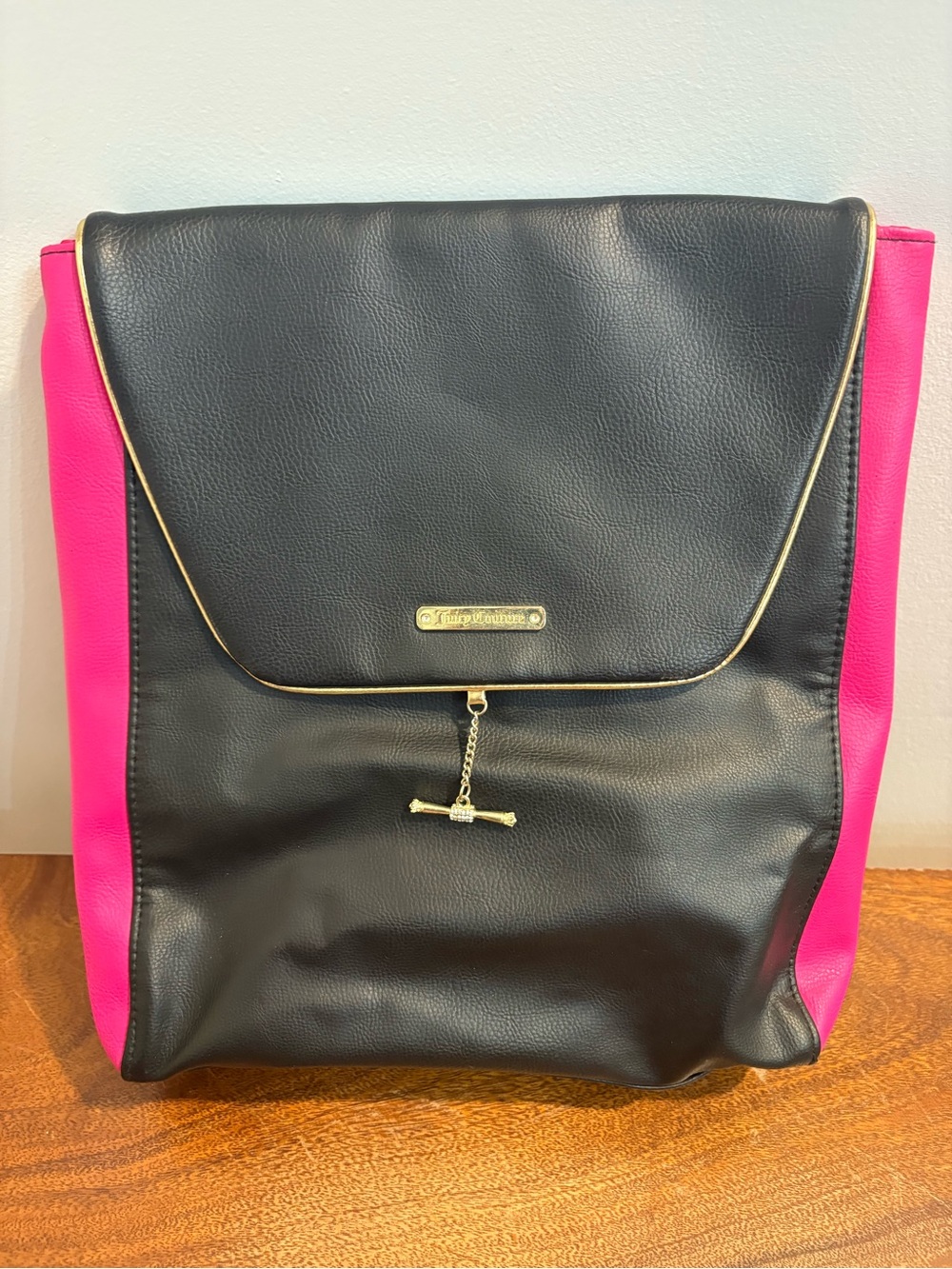 Black & Hot Pink Juicy Couture Backpack Purse with Gold Accents